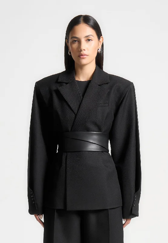 Twist Sleeve Tailored Blazer with Belt - Black