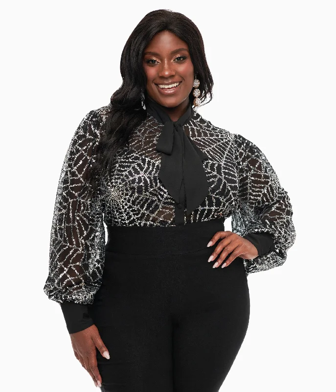 Unique Vintage Plus Size Black & Silver Sequin Spiderweb Sheer Gwen Blouse