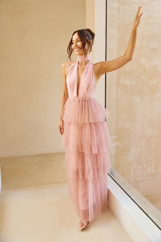 Unreal Beauty Halter Tulle Maxi Dress Pink