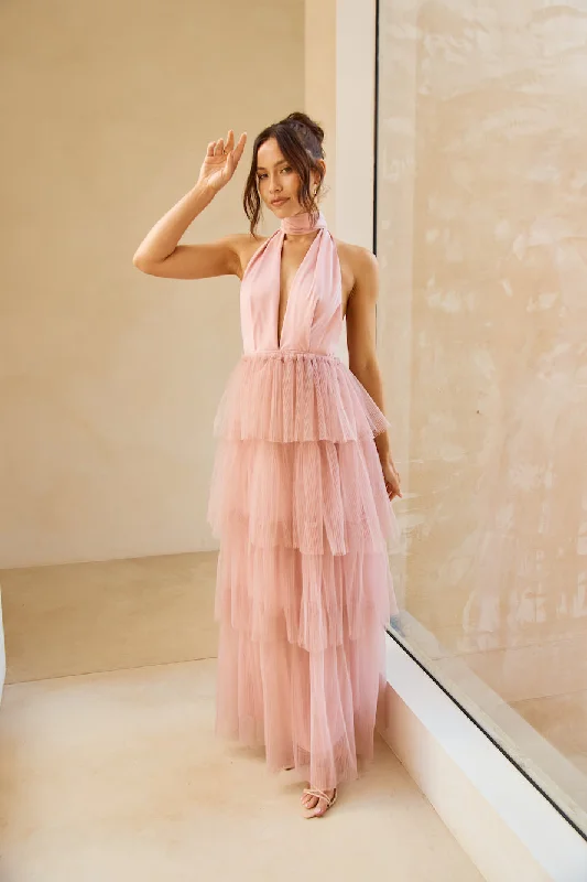 Unreal Beauty Halter Tulle Maxi Dress Pink