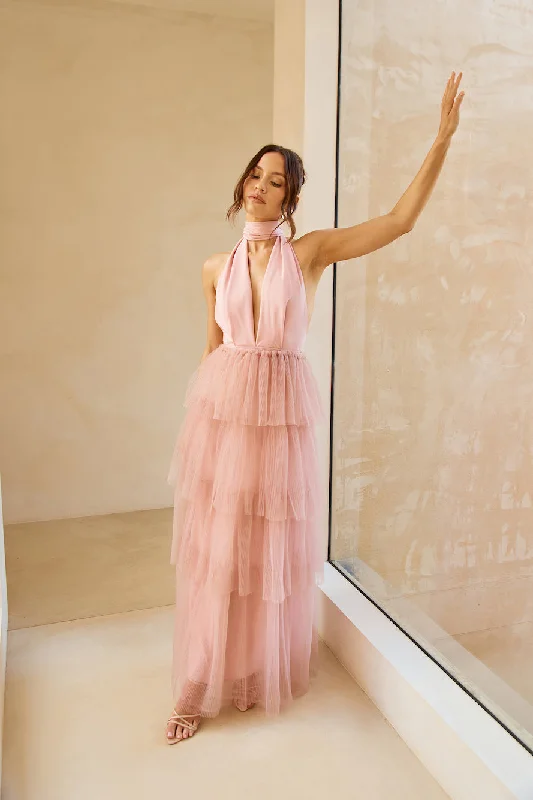 Unreal Beauty Halter Tulle Maxi Dress Pink