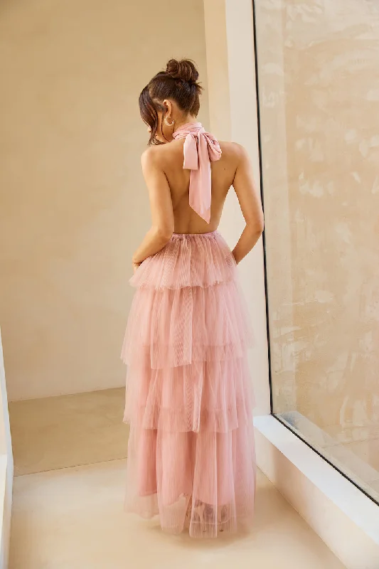 Unreal Beauty Halter Tulle Maxi Dress Pink