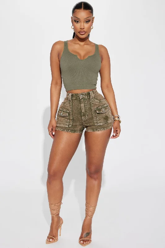 Up For The Challenge Cargo Denim Shorts - Olive