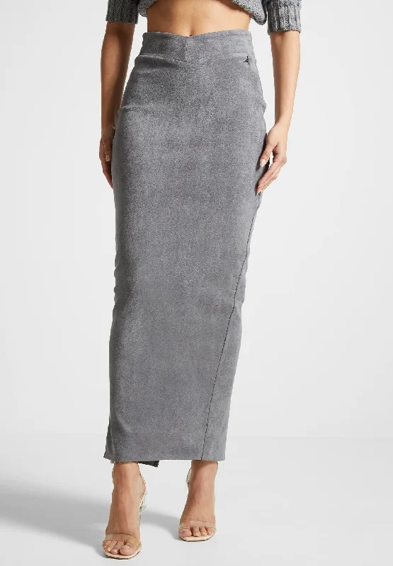 Vegan Suede Midaxi Skirt - Light Grey