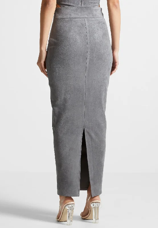 Vegan Suede Midaxi Skirt - Light Grey