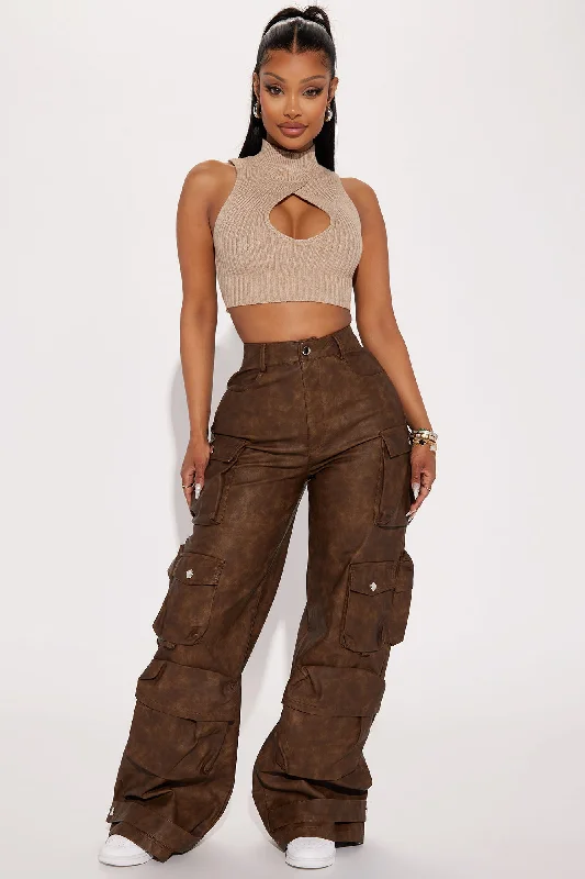 Weekend Warrior Washed Faux Leather Cargo Pant - Brown