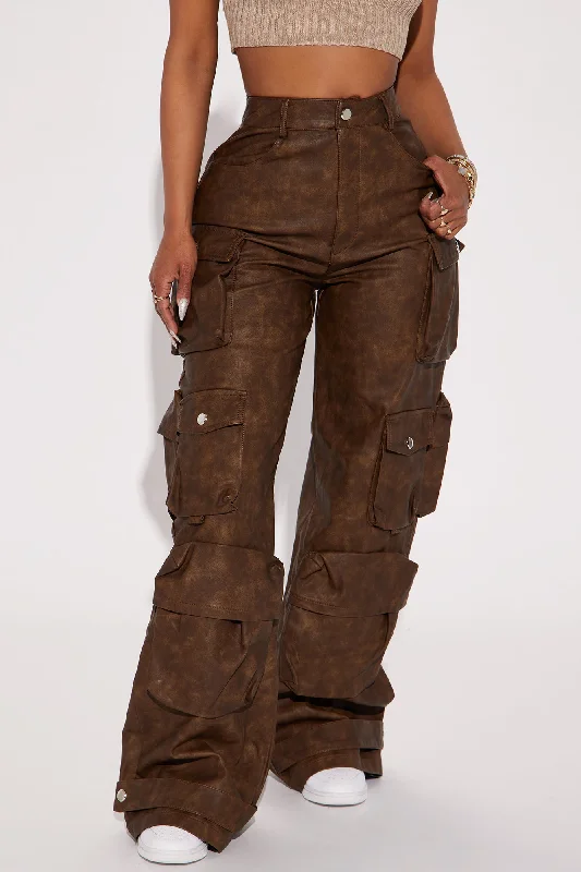 Weekend Warrior Washed Faux Leather Cargo Pant - Brown