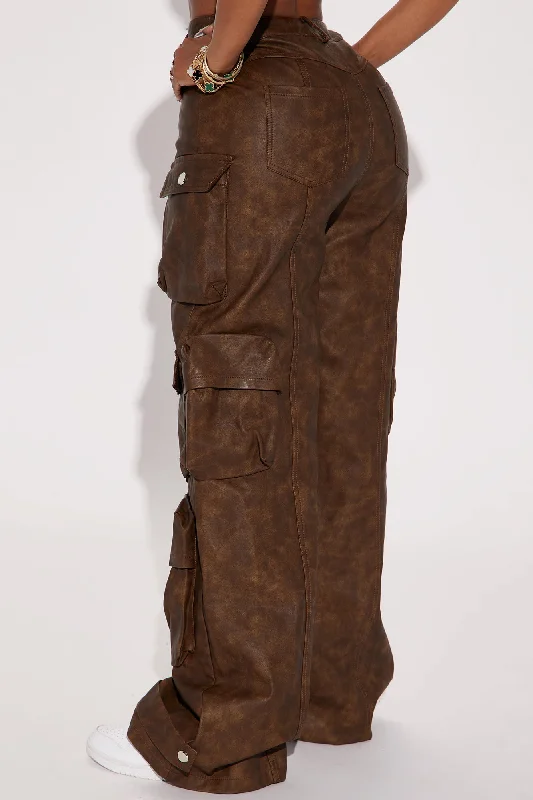 Weekend Warrior Washed Faux Leather Cargo Pant - Brown