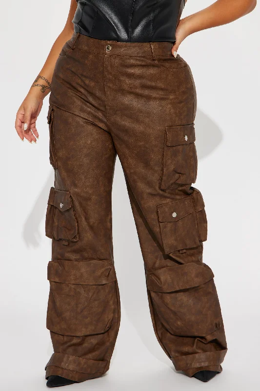 Weekend Warrior Washed Faux Leather Cargo Pant - Brown