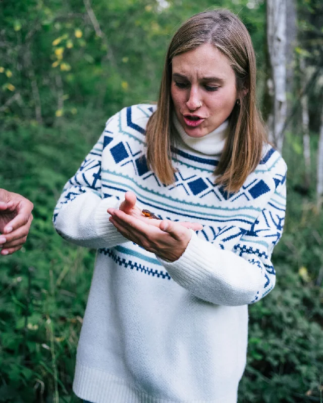 Whimsical Recycled Oversized Polo Neck Knitted Sweater - Homespun Stripe Off White