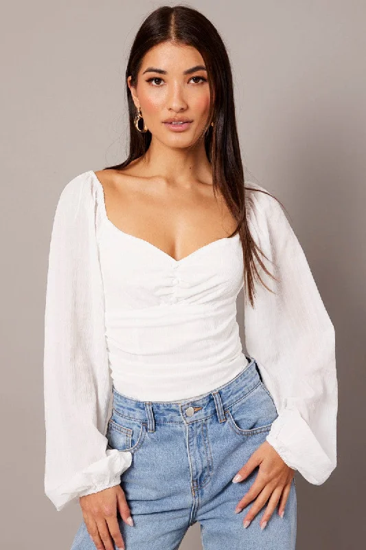 White Bodysuit Long Sleeve Ruched Textured