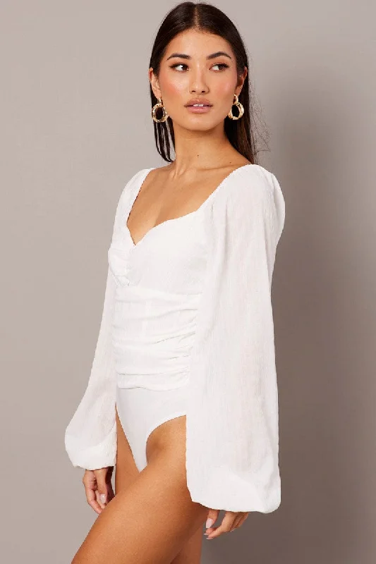 White Bodysuit Long Sleeve Ruched Textured