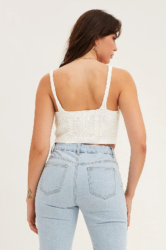 White Cable Crop Knit Top