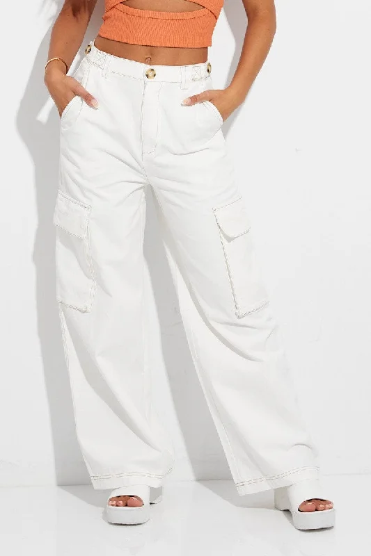 White Cargo Pant Wide Leg Cotton Drill