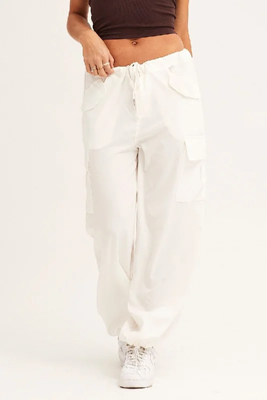 White Cargo Parachute Pants Out Pocket