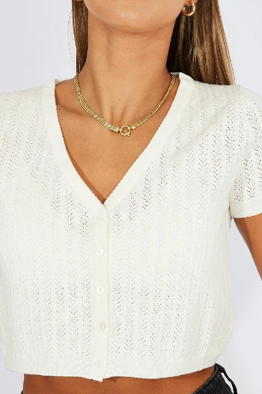 White Knit Cardigan Short Sleeve V Neck