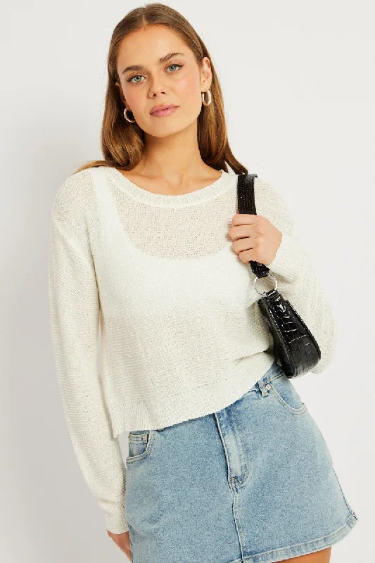 White Knit Jumper Long Sleeve Crew Neck