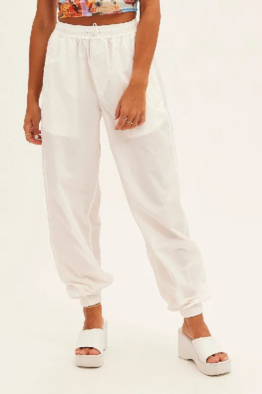 White Parachute Cargo Pants Mid Rise