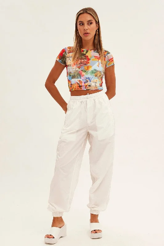 White Parachute Cargo Pants Mid Rise