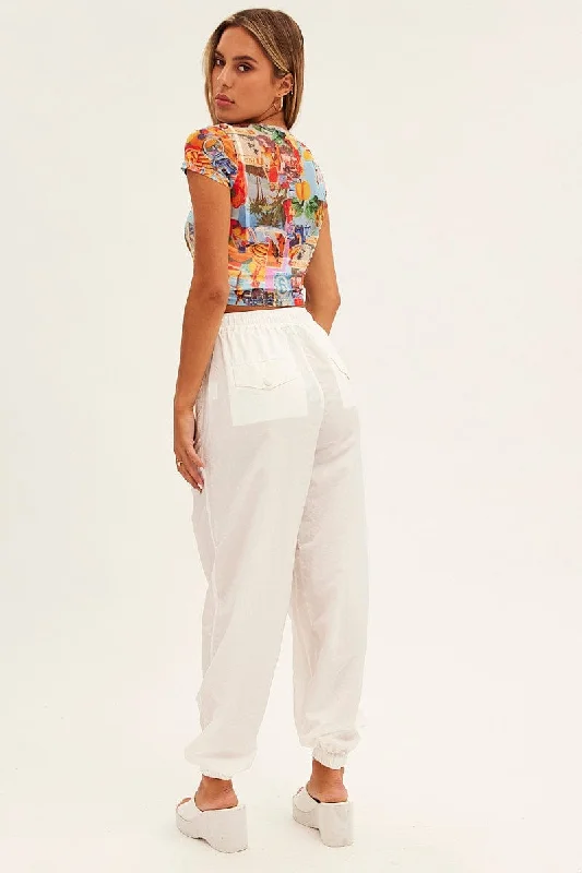 White Parachute Cargo Pants Mid Rise