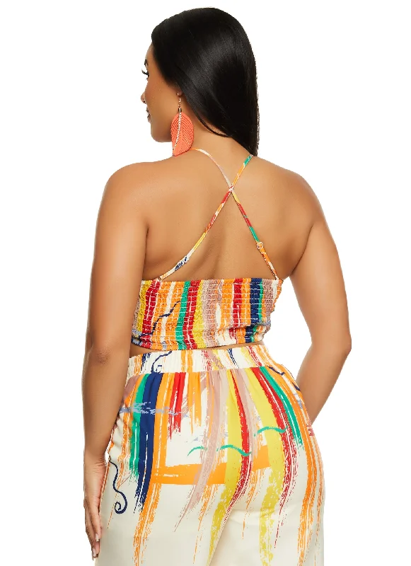 Printed Smocked Back Halter Top