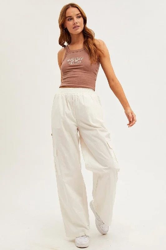 White Wide Leg Cargo Pants High Rise