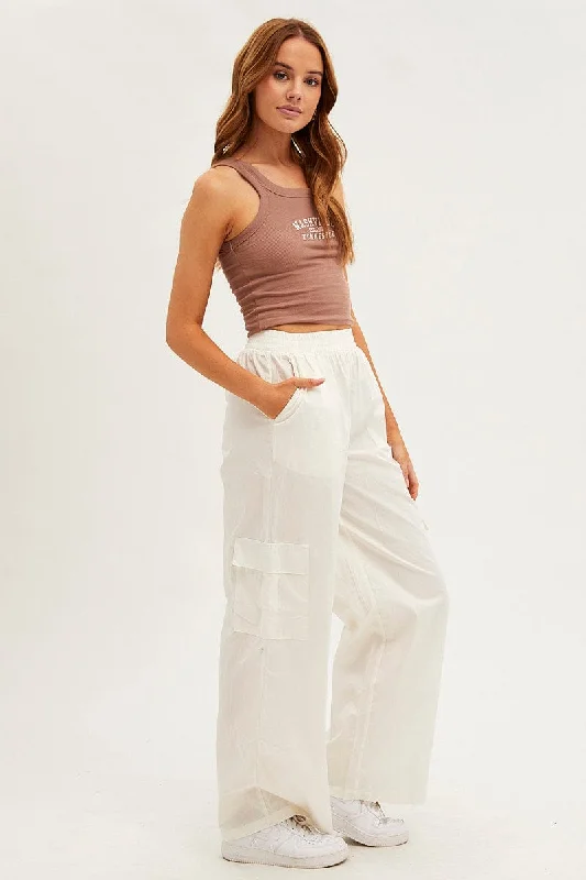 White Wide Leg Cargo Pants High Rise