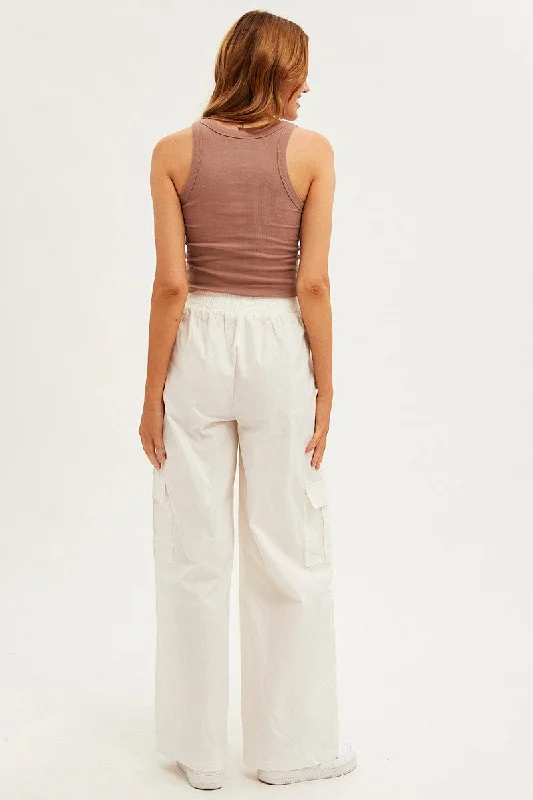 White Wide Leg Cargo Pants High Rise