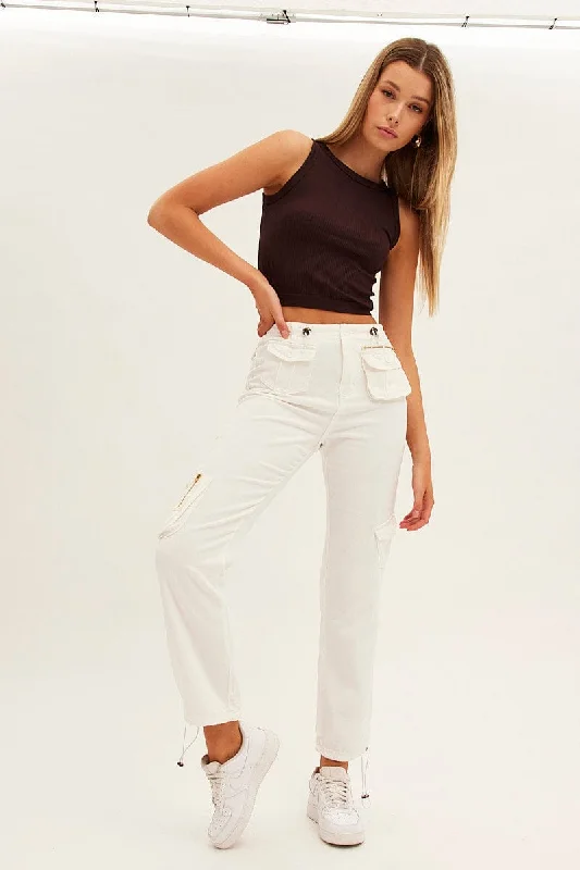 White Wide Leg Denim Cargo Pants