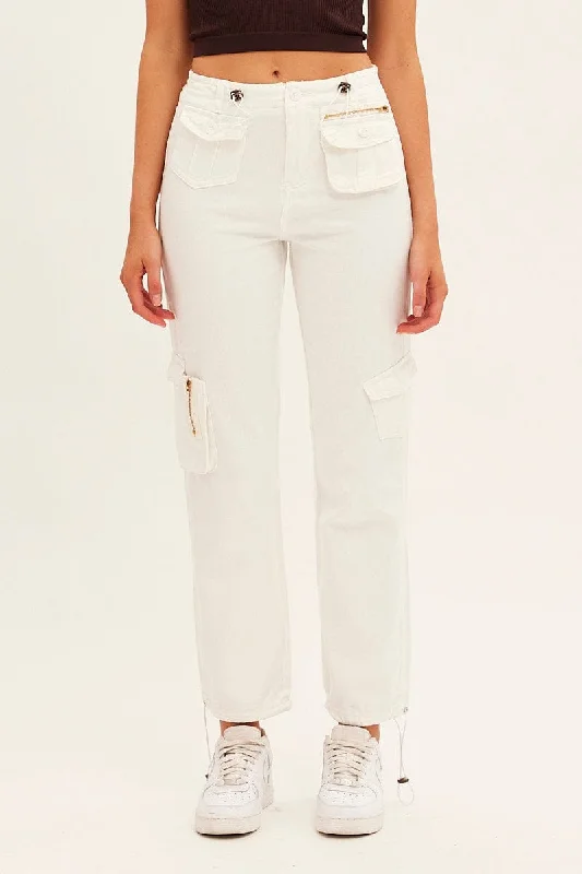 White Wide Leg Denim Cargo Pants