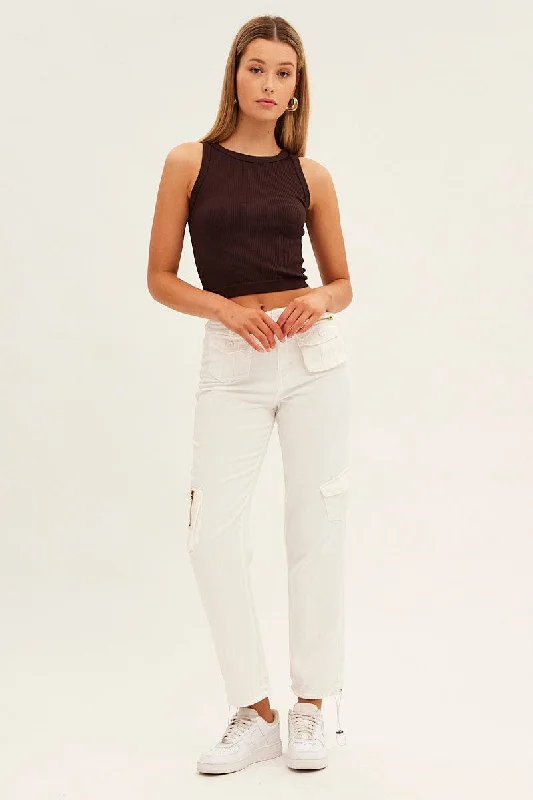 White Wide Leg Denim Cargo Pants