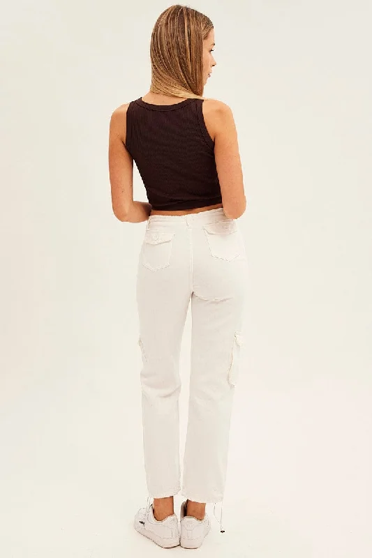 White Wide Leg Denim Cargo Pants