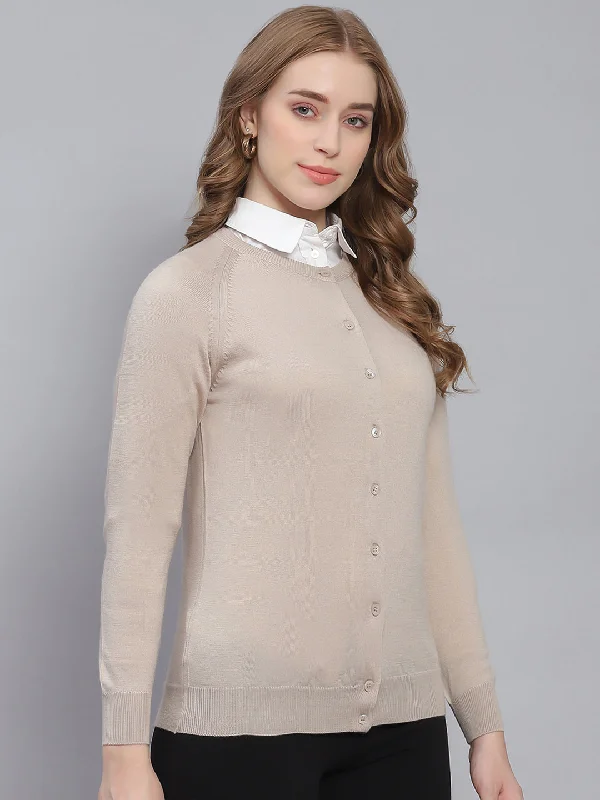 Women Beige Solid Round Neck Full Sleeve Cardigans