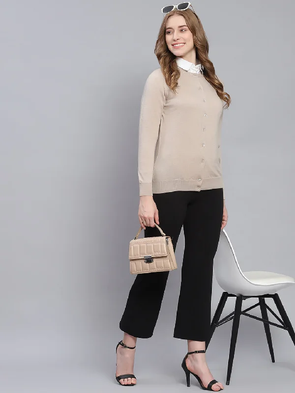 Women Beige Solid Round Neck Full Sleeve Cardigans