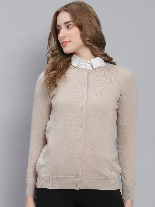 Women Beige Solid Round Neck Full Sleeve Cardigans