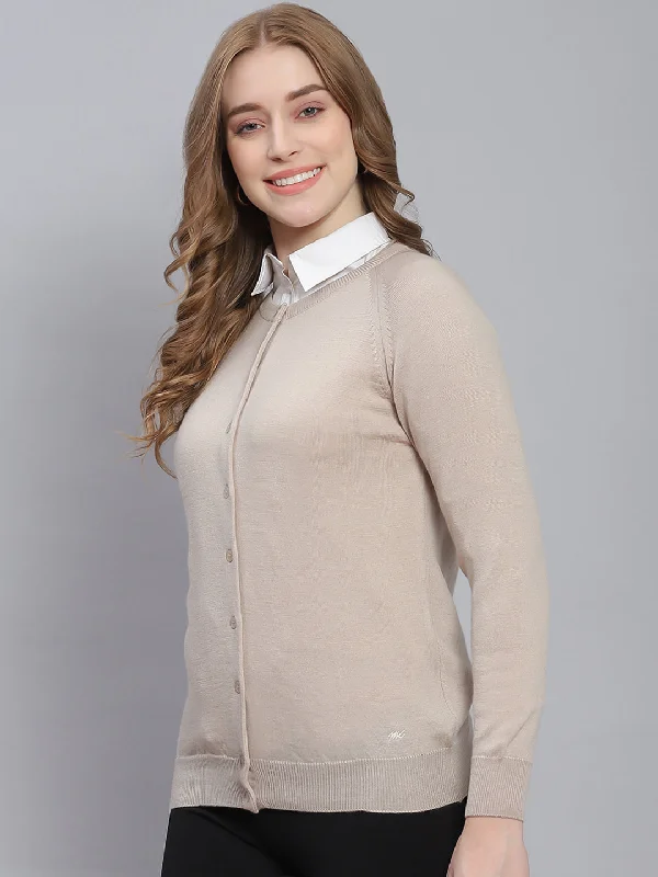 Women Beige Solid Round Neck Full Sleeve Cardigans