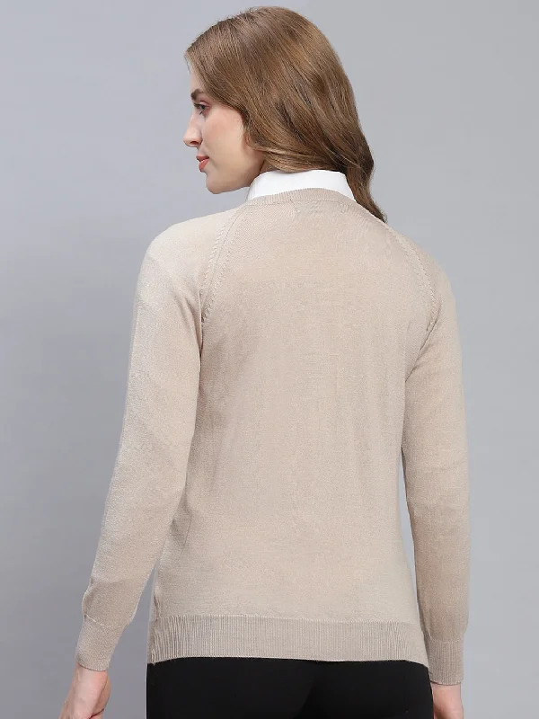 Women Beige Solid Round Neck Full Sleeve Cardigans