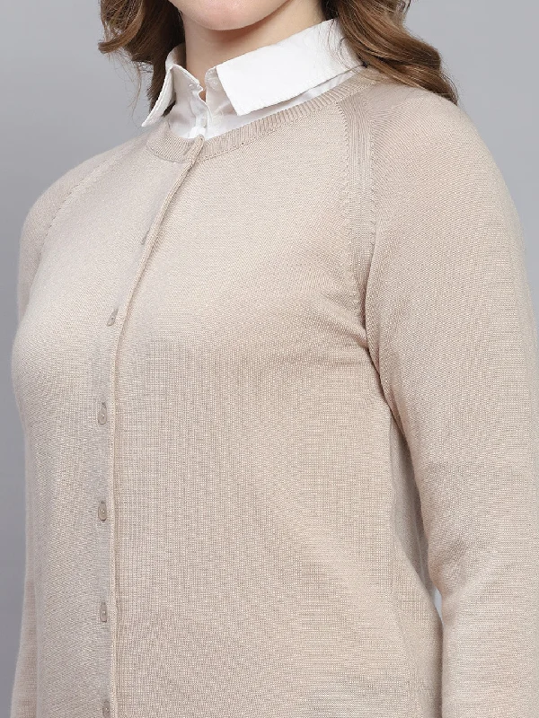 Women Beige Solid Round Neck Full Sleeve Cardigans