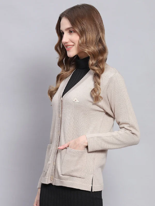 Women Beige Solid V Neck Full Sleeve Cardigans