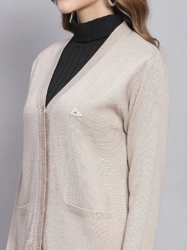 Women Beige Solid V Neck Full Sleeve Cardigans