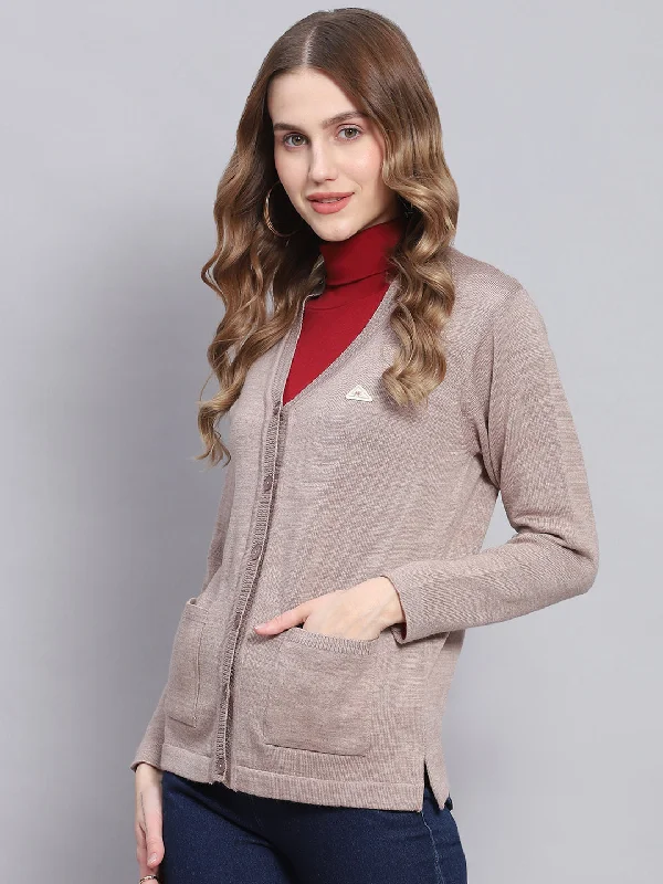 Women Beige Solid V Neck Full Sleeve Cardigans