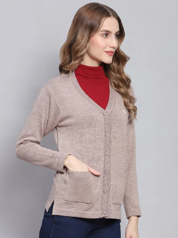 Women Beige Solid V Neck Full Sleeve Cardigans