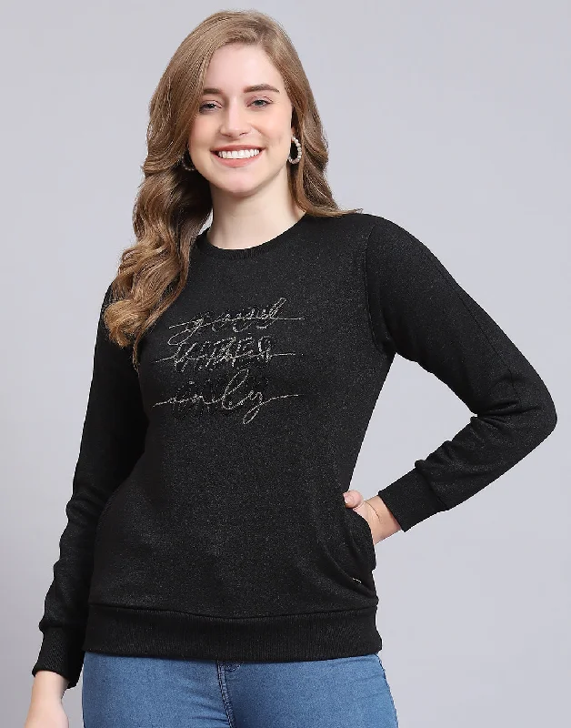 Women Black Embroidered Round Neck Full Sleeve Sweatshirt