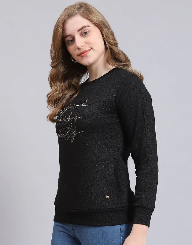 Women Black Embroidered Round Neck Full Sleeve Sweatshirt