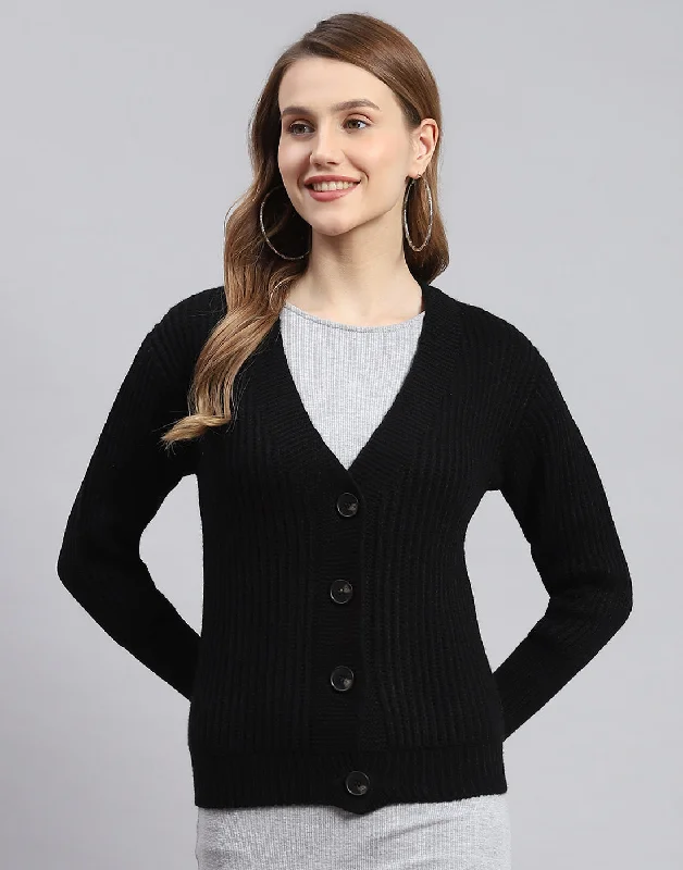 Women Black Self Design V Neck Full Sleeve Cardigans