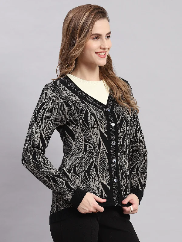 Women Black Self Design V Neck Full Sleeve Cardigans