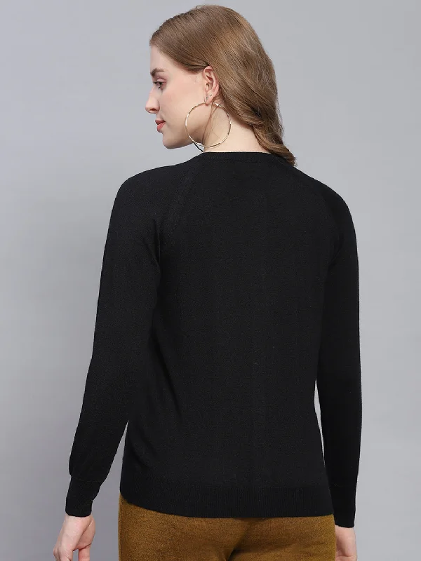 Women Black Solid Round Neck Full Sleeve Cardigans