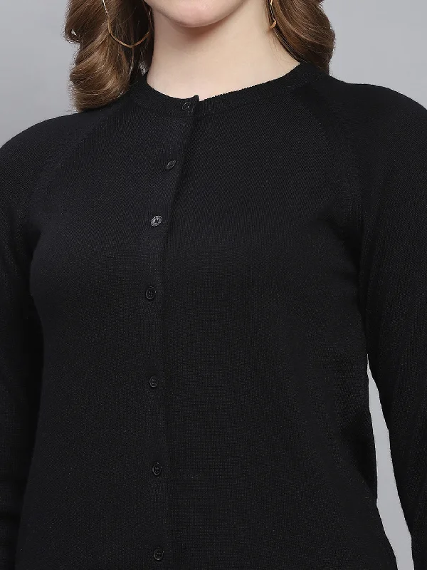 Women Black Solid Round Neck Full Sleeve Cardigans