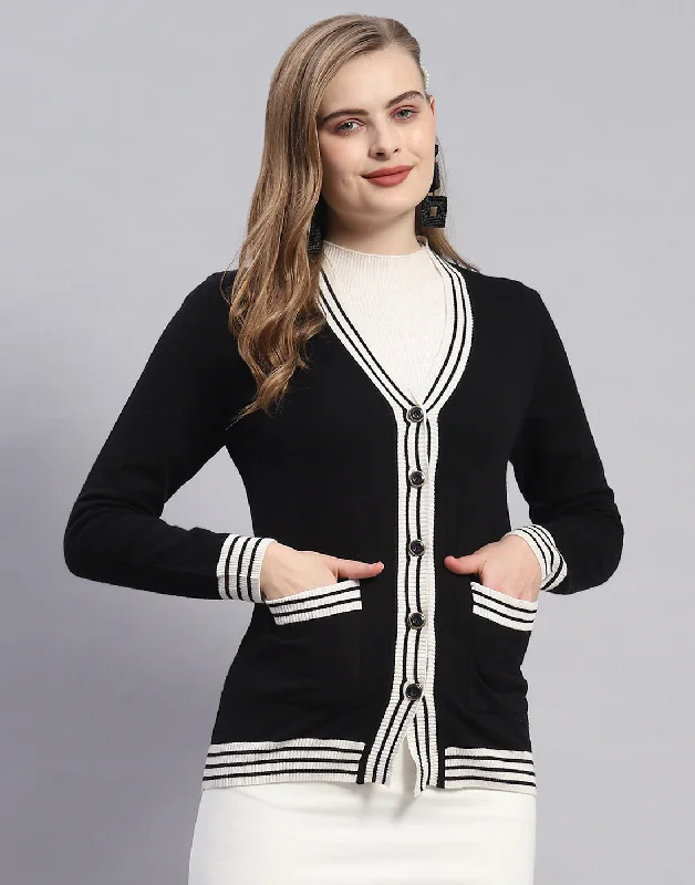 Women Black Solid V Neck Full Sleeve Cardigan