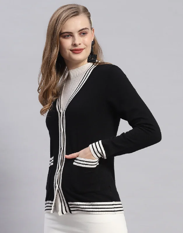 Women Black Solid V Neck Full Sleeve Cardigan